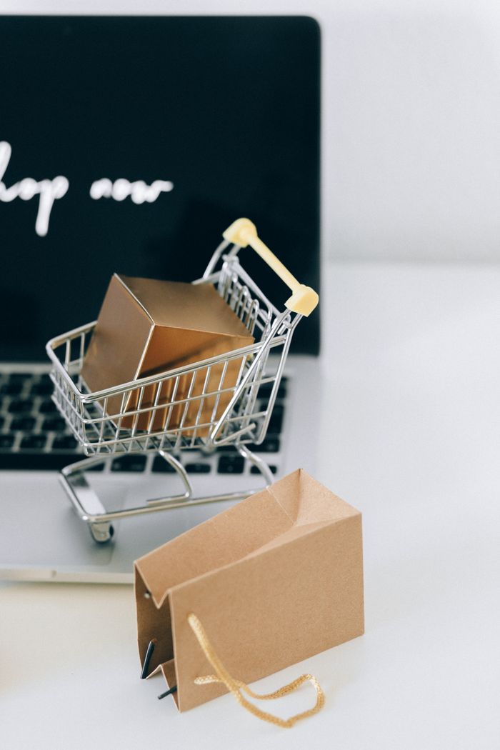 qui-nous-sommes A miniature shopping cart with a parcel on a laptop symbolizes online shopping and e-commerce.